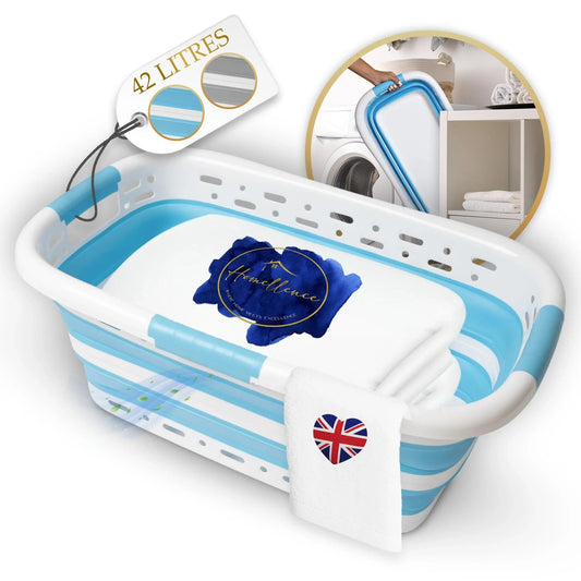 Homellence Collapsible Laundry Basket Blue 42L - Large capacity space-saving design with robust 3-handle system and ultra-slim folded profile