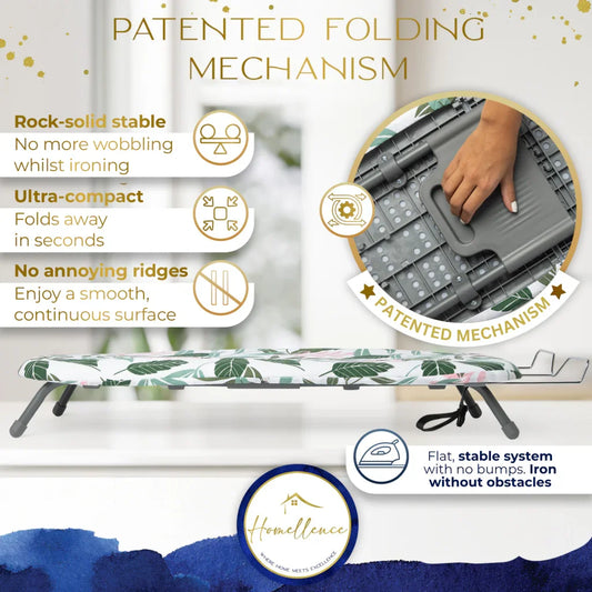 Homellence Tabletop Ironing Board Infographic - Patented folding mechanism, ultra-compact design, and rock-solid stable system for wobble-free ironing.