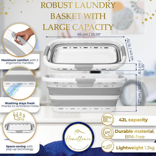 Homellence Grey Collapsible Laundry Basket Infographic - 42L large capacity, 8.5cm slim folded profile, 3 ergonomic handles, and ventilated design for fresh washing.