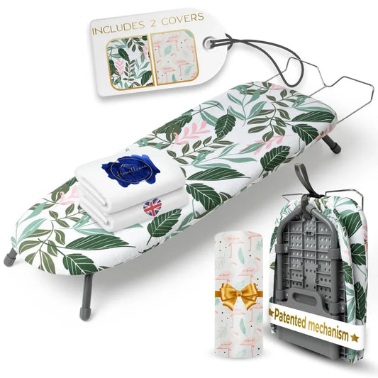 Homellence Folding Tabletop Ironing Board Set Green Floral - Patented folding mechanism with two premium heat-resistant cotton covers