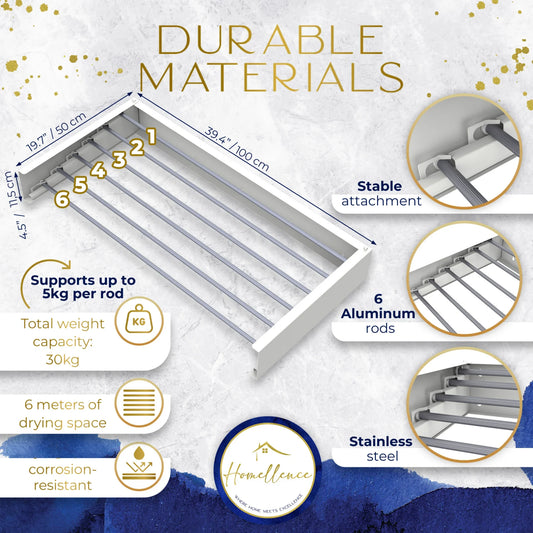 Homellence Wall-Mounted Clothes Drying Rack 100cm White - Heavy-duty retractable airer with 6 aluminum rods and 30kg capacity.