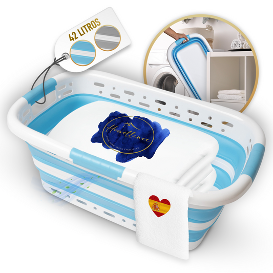 Cesta de lavandería plegable Homellence en azul y blanco, capacidad de 42 litros, diseño pop-up ahorra espacio para hogares modernos.