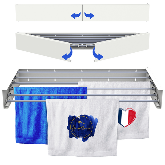 Séchoir mural Homellence blanc de 100 cm avec barres en aluminium, design pliable et moderne pour un séchage gain de place efficace.