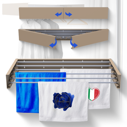 Stendibiancheria da parete Homellence color cappuccino da 100 cm con aste in alluminio, design pieghevole ed elegante per un'asciugatura salvaspazio.
