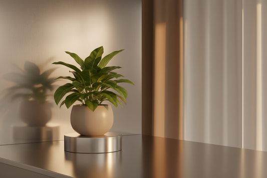 Homellence Space-Saving Blog Banner - Minimalist interior design featuring a potted green plant on a reflective metallic surface with warm natural lighting.