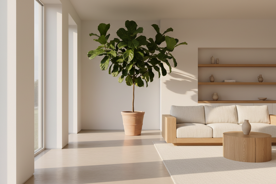 Homellence Space-Saving Blog Banner - Minimalist modern living room with a large fiddle leaf fig plant, light beige sofa, and wooden coffee table in a bright, sunlit interior.