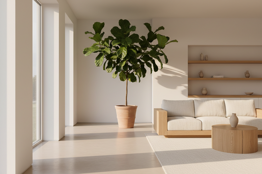 Homellence Space-Saving Blog Banner - Minimalist modern living room with a large fiddle leaf fig plant, light beige sofa, and wooden coffee table in a bright, sunlit interior.