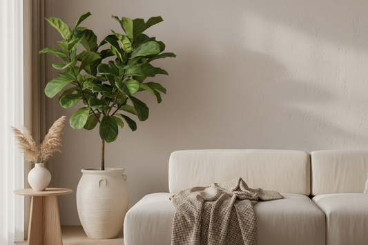 Homellence Space-Saving Blog Banner - Minimalist and elegant interior design featuring a neutral beige sofa, decorative indoor plants, and natural light to inspire organized living.