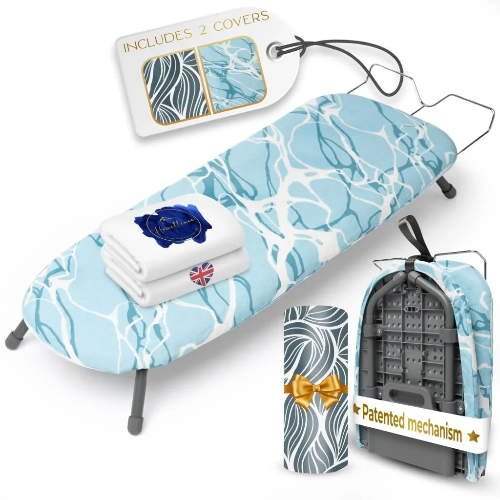 Folding ironing board with blue and white pattern, two covers, compact storage, patented mechanism