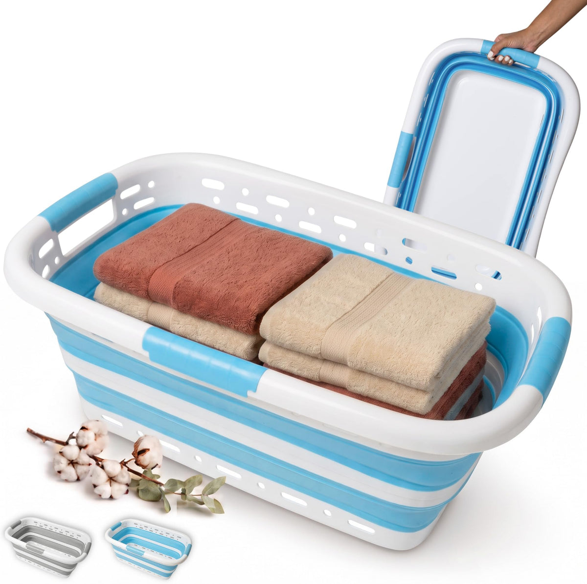 Homellence collapsible laundry basket 42 L, White/Blue (image 1)