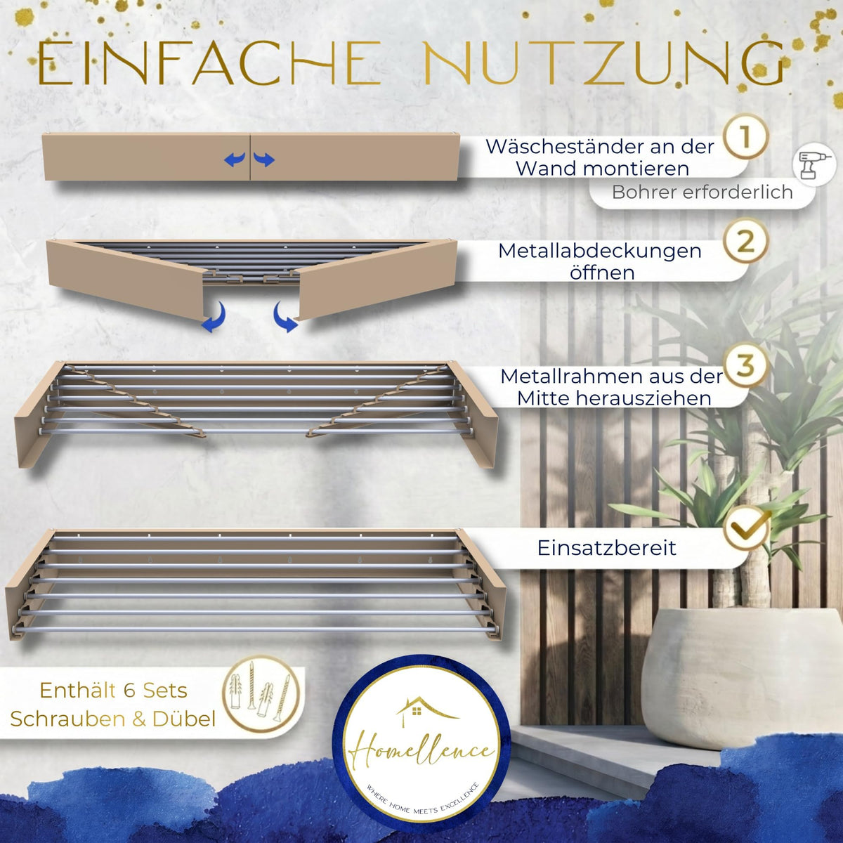 Homellence wall-mounted drying rack, Cappuccino, 120 cm (image 4)