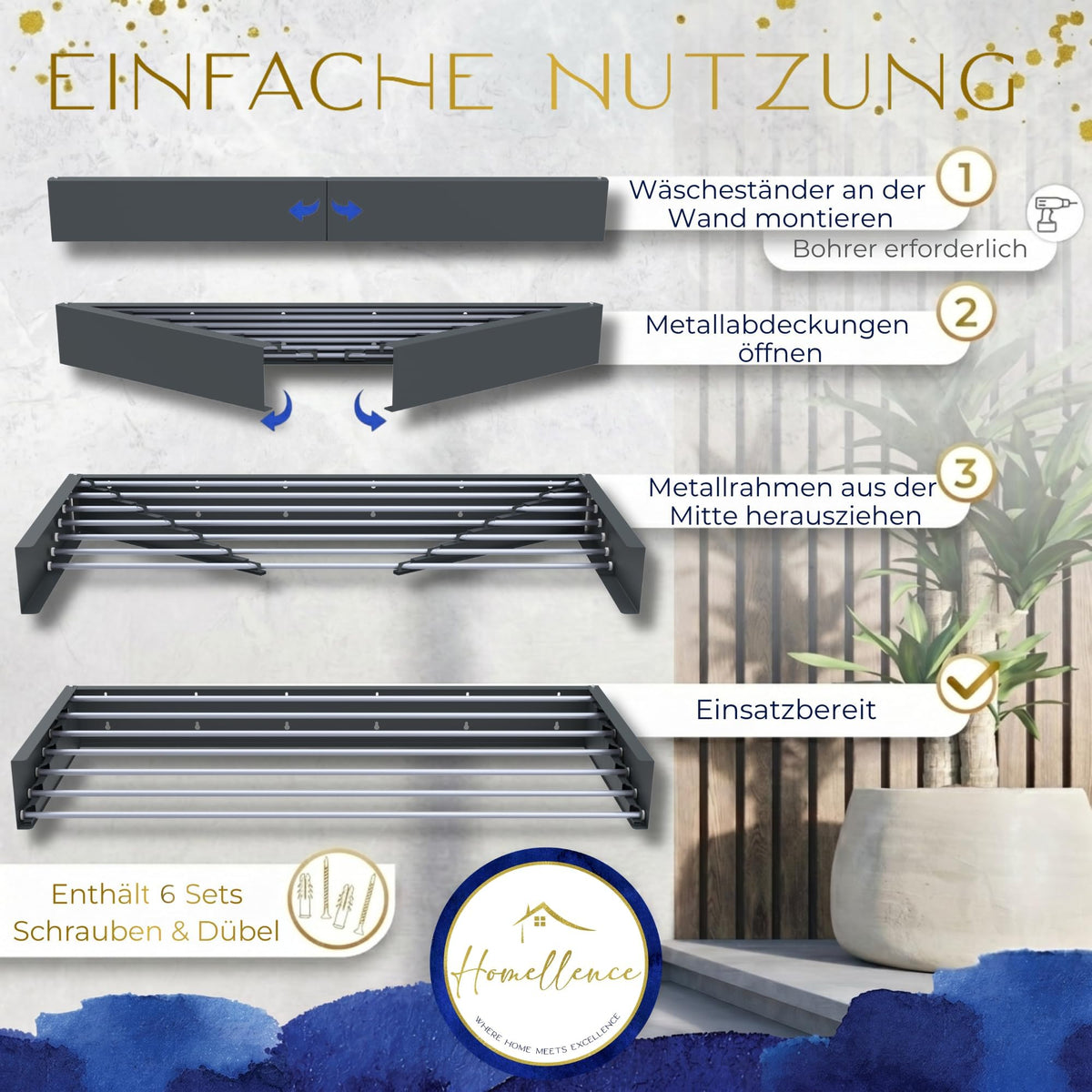 Homellence wall-mounted drying rack, Anthracite, 120 cm (image 4)
