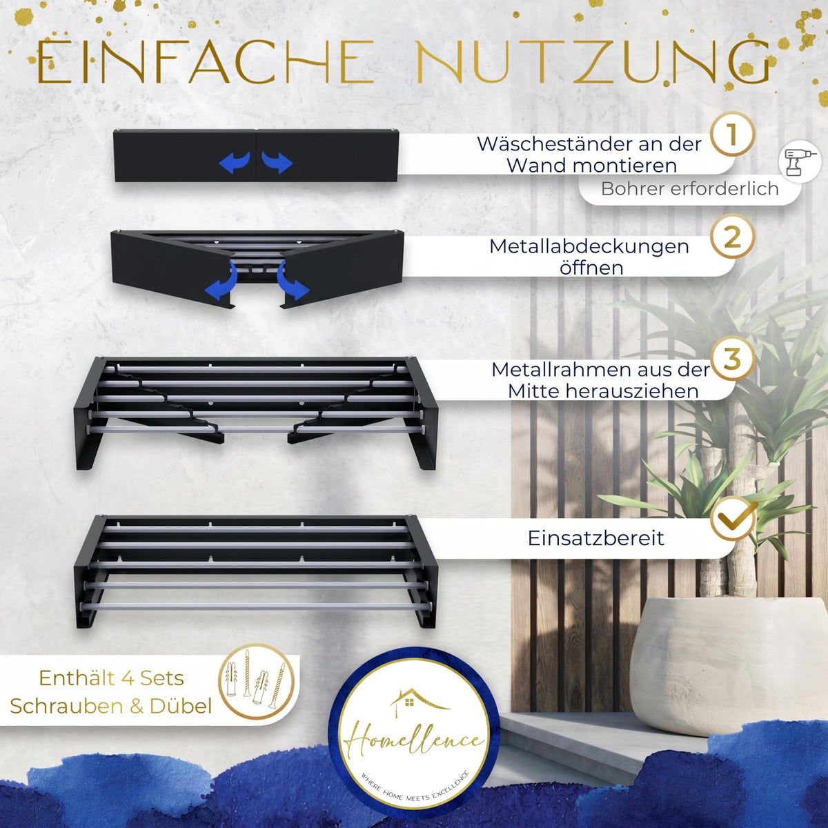 Homellence wall-mounted drying rack, Black, 70 cm (image 4)