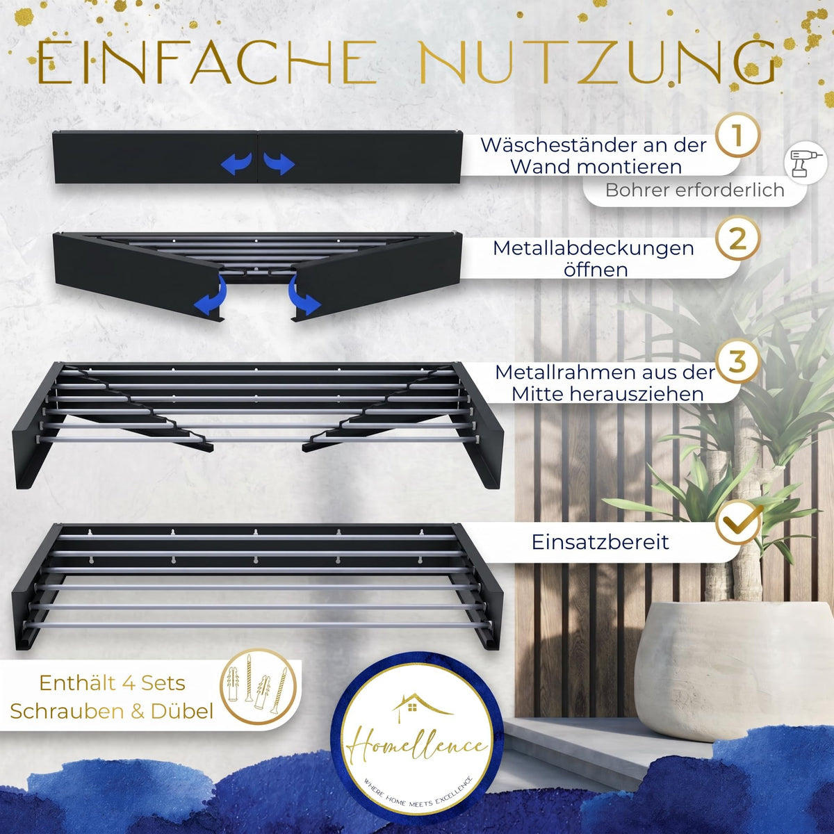 Homellence wall-mounted drying rack, Black, 100 cm (image 4)