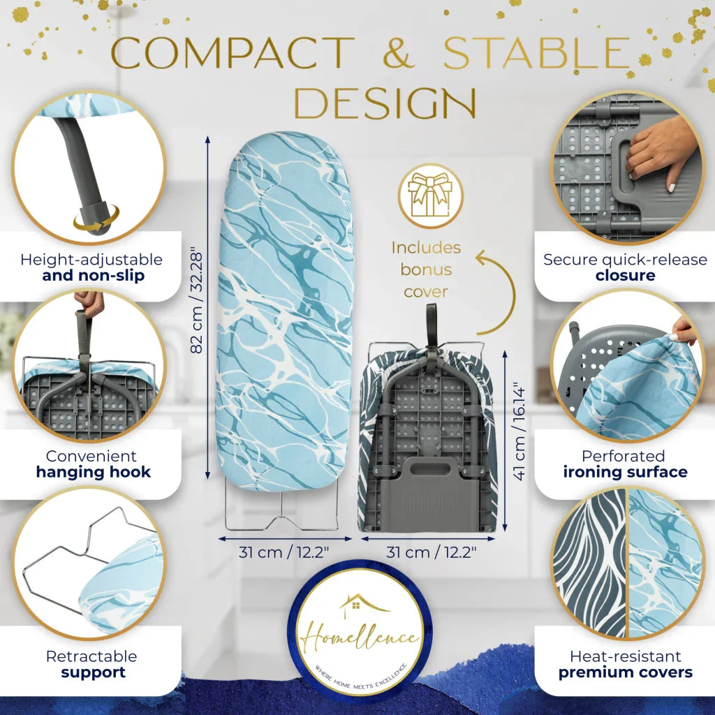 Homellence Tabletop Ironing Board Dimensions Infographic - 82cm open surface, 41cm folded height, non-slip feet, integrated hanging hook, and retractable support.