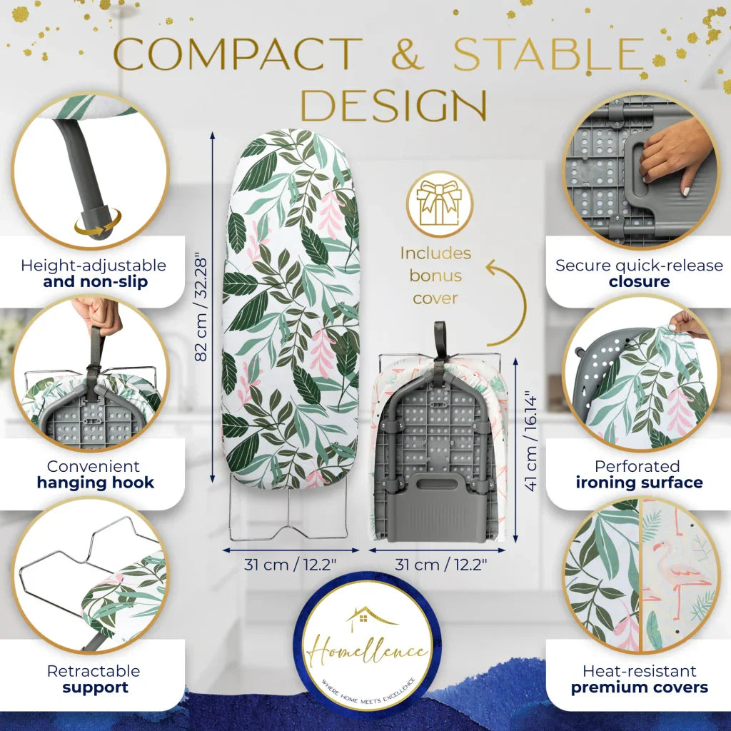 Homellence Tabletop Ironing Board Dimensions Infographic - 82cm open surface, 41cm folded height, non-slip feet, integrated hanging hook, and retractable support.