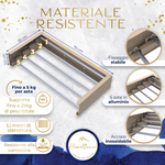 Scheda tecnica stendibiancheria 70x35cm color cappuccino: 5 aste, portata 25kg, materiale resistente alla corrosione.