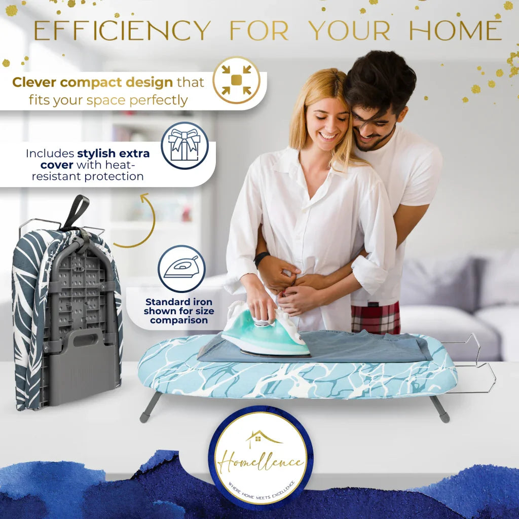 Homellence Tabletop Ironing Board Lifestyle - Clever compact design for urban spaces featuring a stylish extra heat-resistant cover and easy vertical storage.