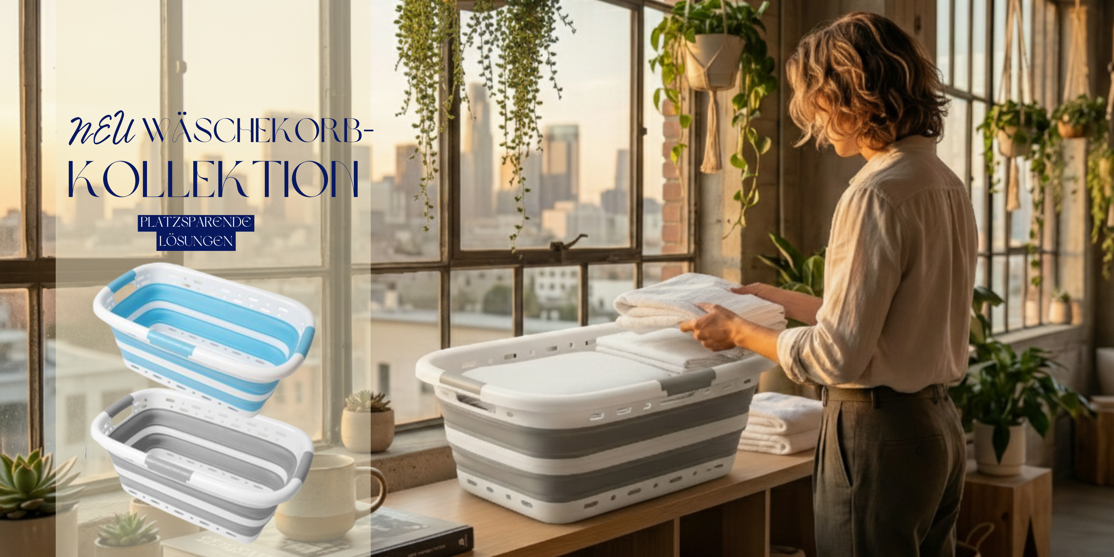 Zusammenklappbare Wäschekörbe von Homellence in Blau und Grau – innovative, platzsparende Haushaltshelfer für moderne Wäschepflege in urbanen Räumen.