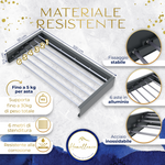 Infografica stendino 100x50cm antracite Homellence: 6 aste in alluminio, portata 30kg, 6 metri di stenditura.