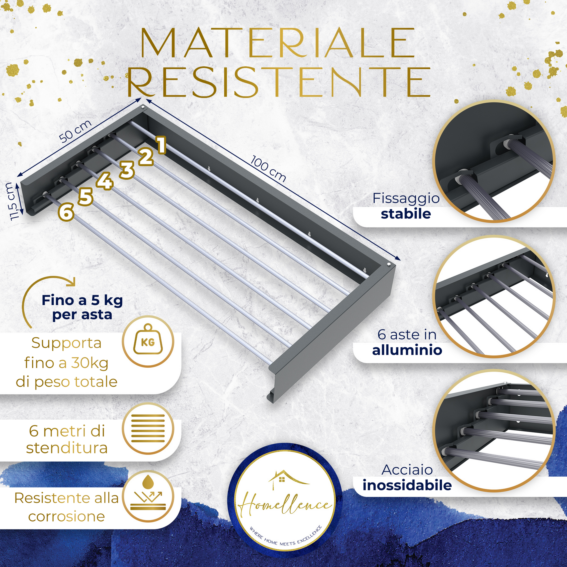 Infografica stendino 100x50cm antracite Homellence: 6 aste in alluminio, portata 30kg, 6 metri di stenditura.