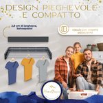 Stendibiancheria da muro 100cm antracite in posizione chiusa (spessore 2,8cm) e aperta con vestiti, perfetto per famiglie.