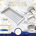 Infografica stendino 100cm bianco Homellence: 6 aste in alluminio, 6m di stenditura e portata fino a 30kg totali.