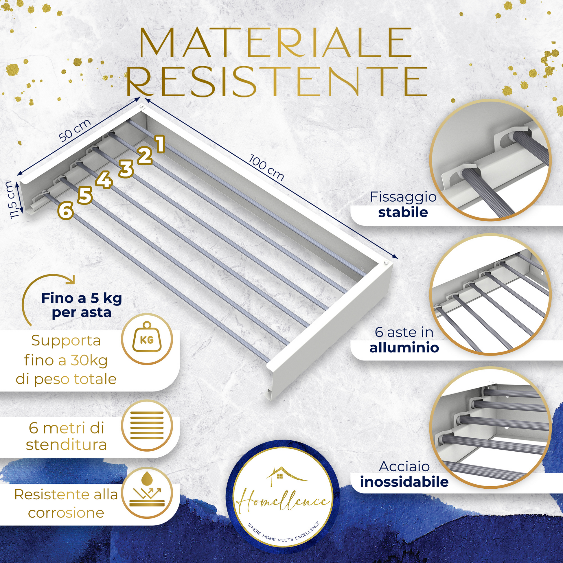 Infografica stendino 100cm bianco Homellence: 6 aste in alluminio, 6m di stenditura e portata fino a 30kg totali.