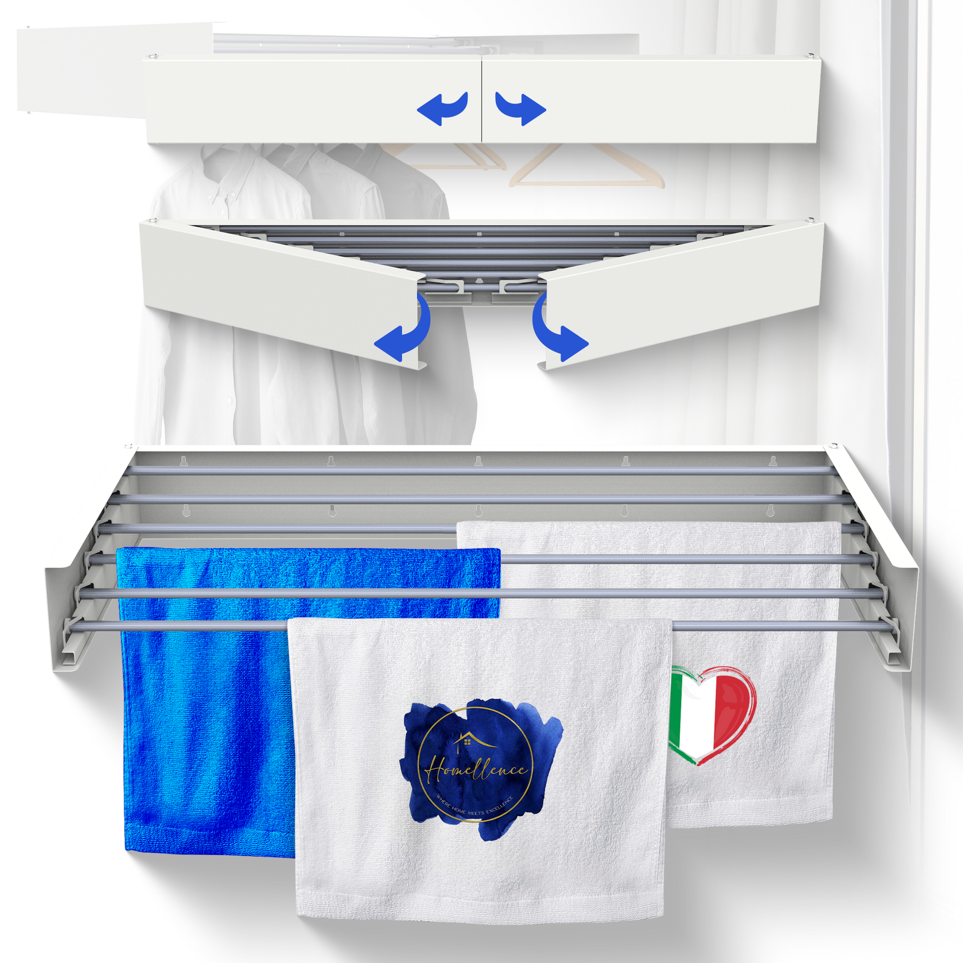 Stendibiancheria da muro pieghevole Homellence, larghezza 100cm, colore bianco con 6 aste e teli appesi.