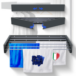 Stendibiancheria da muro pieghevole Homellence, larghezza 100cm, colore antracite con 6 aste e asciugamani appesi.