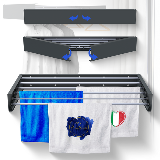 Stendibiancheria da muro pieghevole Homellence, larghezza 100cm, colore antracite con 6 aste e asciugamani appesi.