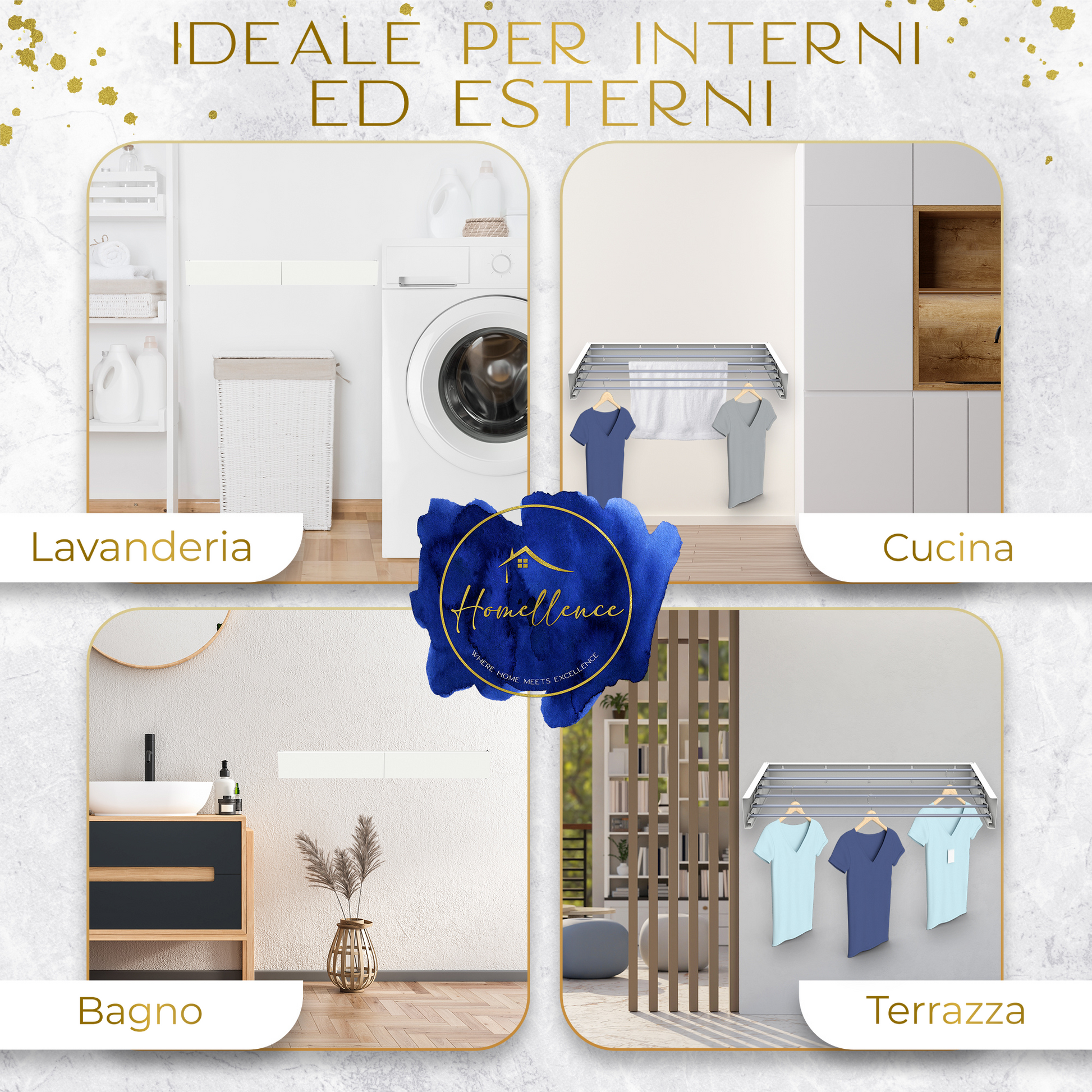 Esempi di arredo con stendino Homellence 100cm bianco installato in bagno, cucina, lavanderia e terrazza.