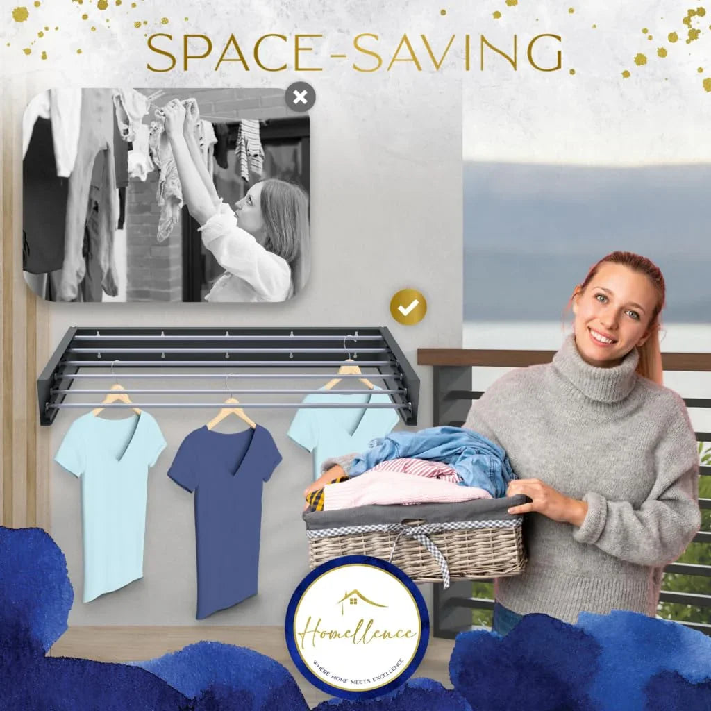 Homellence Wall-Mounted Clothes Drying Rack 100cm Anthracite - Premium retractable laundry airer with 6 aluminum rods and 30kg capacity for stylish outdoor or indoor use.