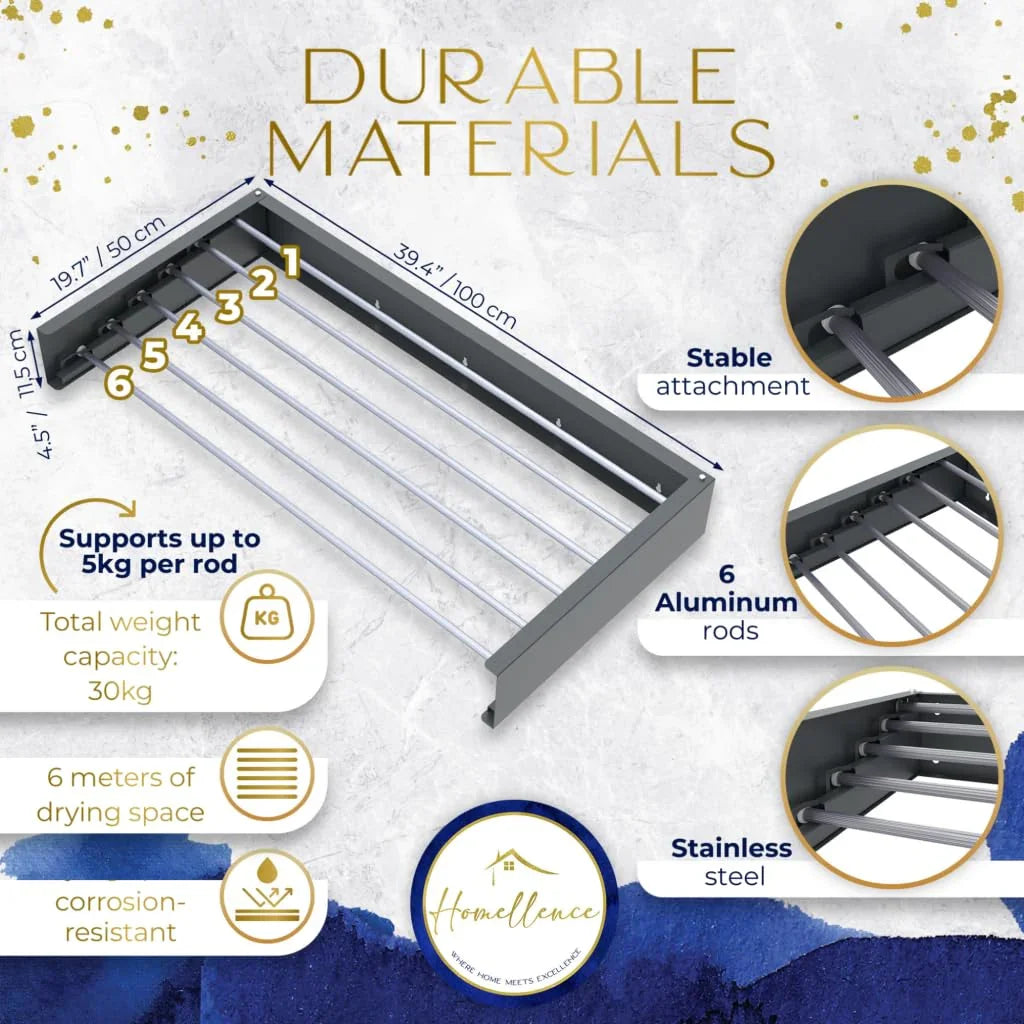 Homellence Wall-Mounted Clothes Drying Rack 100cm Anthracite - Premium retractable airer with 6 aluminum rods and 30kg weight capacity.