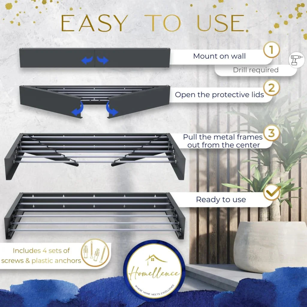 Homellence Wall-Mounted Clothes Drying Rack 100cm Anthracite - Instruction infographic for our professional-grade 30kg capacity retractable airer with 6 rods.
