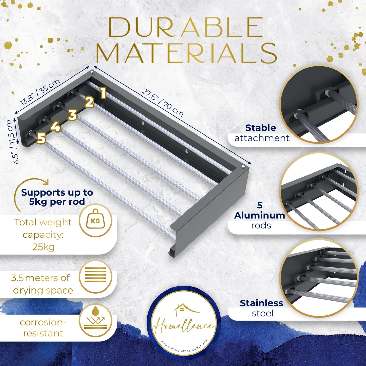 Homellence Wall-Mounted Clothes Drying Rack 70cm Anthracite - Modern retractable airer with 5 aluminum rods and 25kg weight capacity.