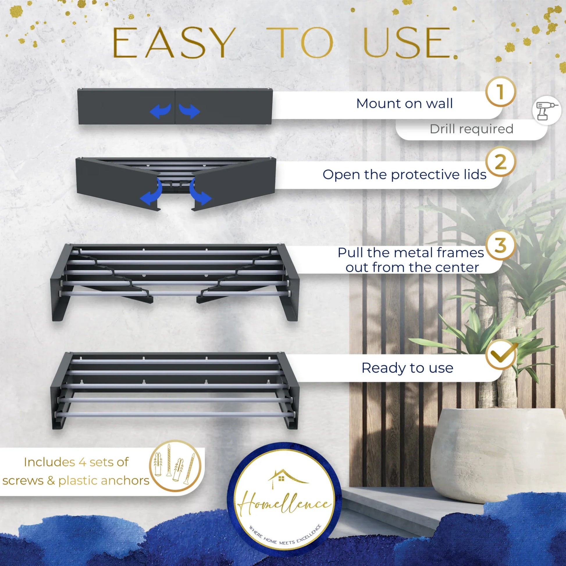 Homellence Wall-Mounted Clothes Drying Rack 70cm Anthracite - Easy to use 4-step guide for mounting and unfolding our 25kg capacity retractable airer with 5 rods.
