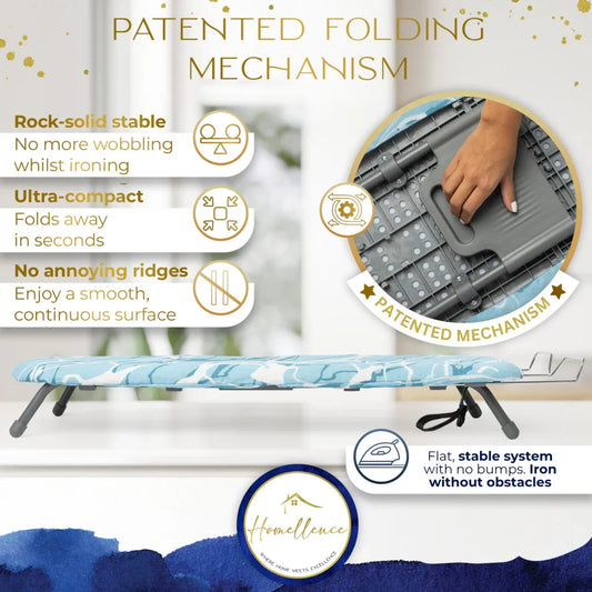Homellence Tabletop Ironing Board Infographic - Patented folding mechanism, ultra-compact design, and rock-solid stable system for wobble-free ironing.