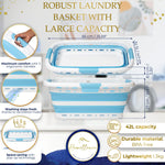Homellence Blue Collapsible Laundry Basket Infographic - 42L large capacity, 8.5cm slim folded profile, 3 ergonomic handles, and ventilated design for fresh washing.