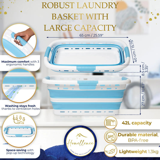 Homellence Blue Collapsible Laundry Basket Infographic - 42L large capacity, 8.5cm slim folded profile, 3 ergonomic handles, and ventilated design for fresh washing.