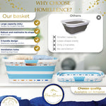Homellence Blue Collapsible Laundry Basket Comparison Chart - Highlighting 42L large capacity, robust shape-retention, 3-handle ergonomic design, and ventilation holes versus generic alternatives.