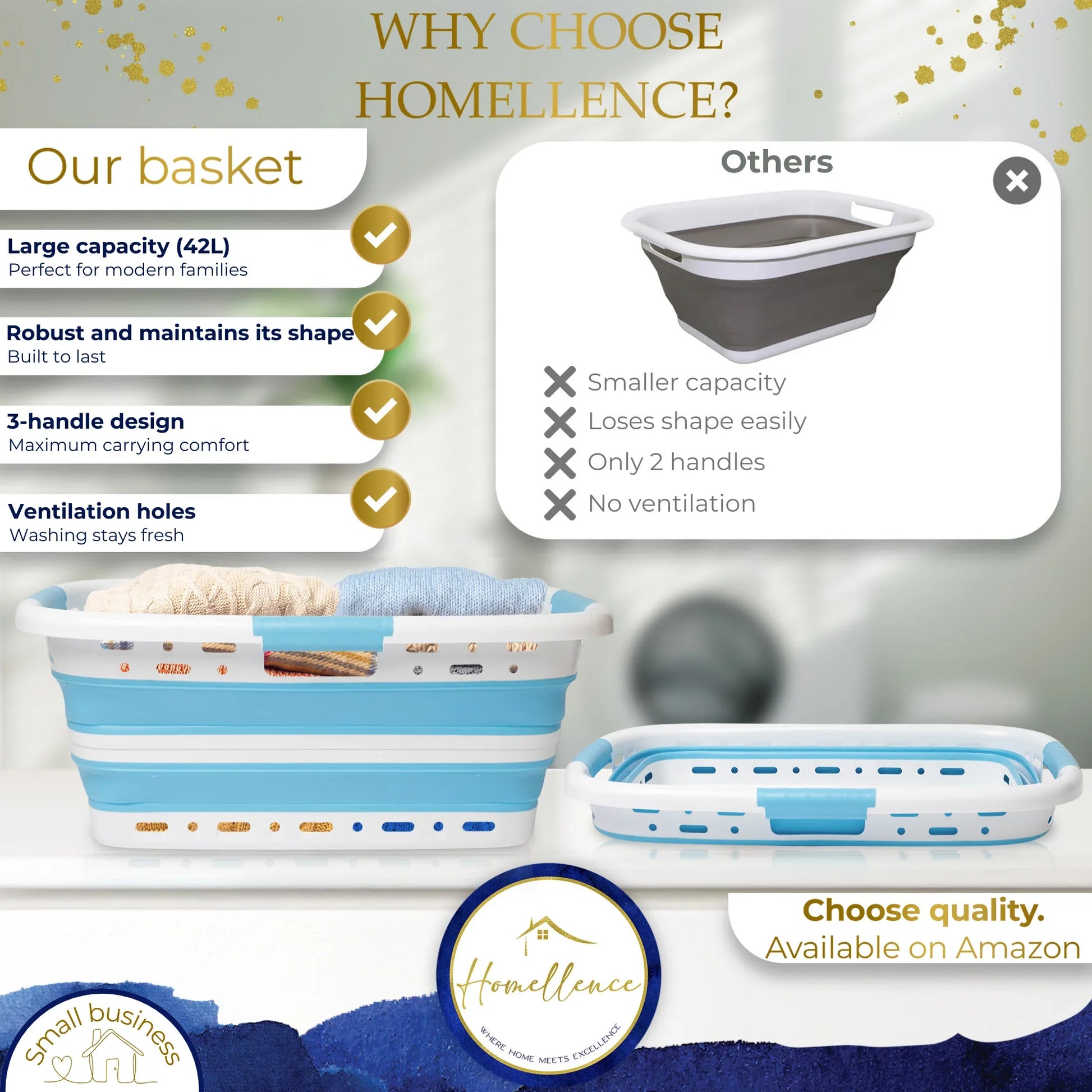 Homellence Blue Collapsible Laundry Basket Comparison Chart - Highlighting 42L large capacity, robust shape-retention, 3-handle ergonomic design, and ventilation holes versus generic alternatives.