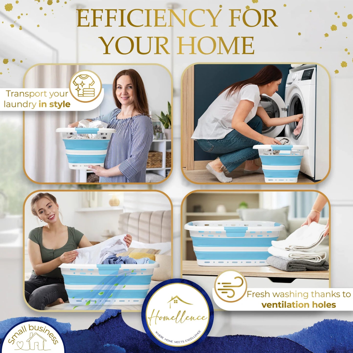 Homellence Blue Collapsible Laundry Basket Lifestyle Infographic - Demonstrating easy transport, washing machine loading, and space-saving ventilated storage for fresh laundry.