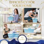 Homellence Blue Collapsible Laundry Basket Lifestyle Infographic - Demonstrating easy transport, washing machine loading, and space-saving ventilated storage for fresh laundry.