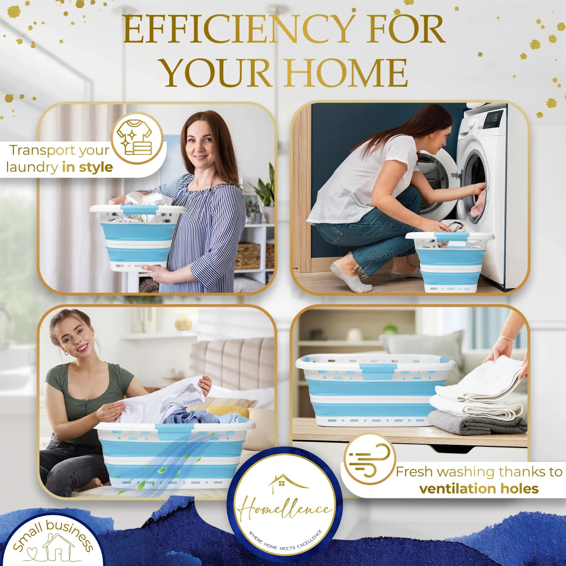 Homellence Blue Collapsible Laundry Basket Lifestyle Infographic - Demonstrating easy transport, washing machine loading, and space-saving ventilated storage for fresh laundry.