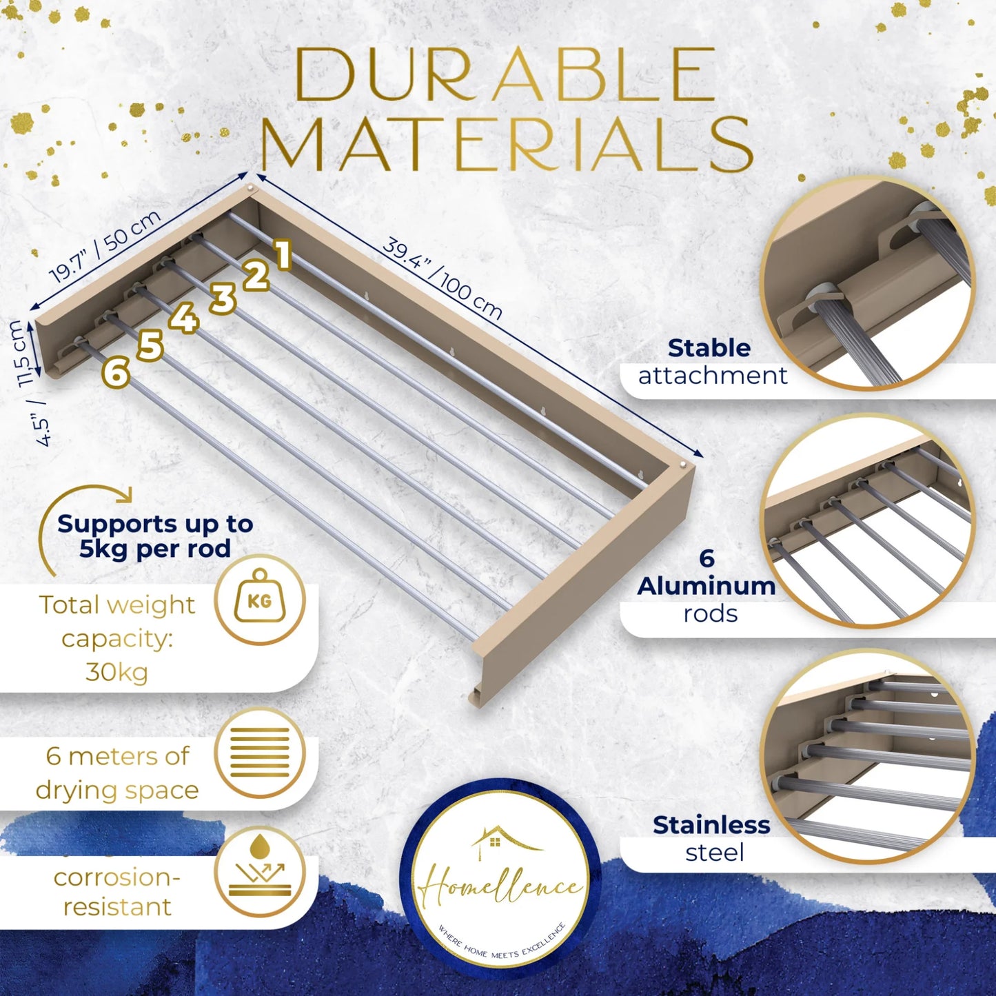 Homellence Wall-Mounted Clothes Drying Rack 100cm Cappuccino - Space-saving retractable airer with 6 aluminum rods and 30kg capacity.