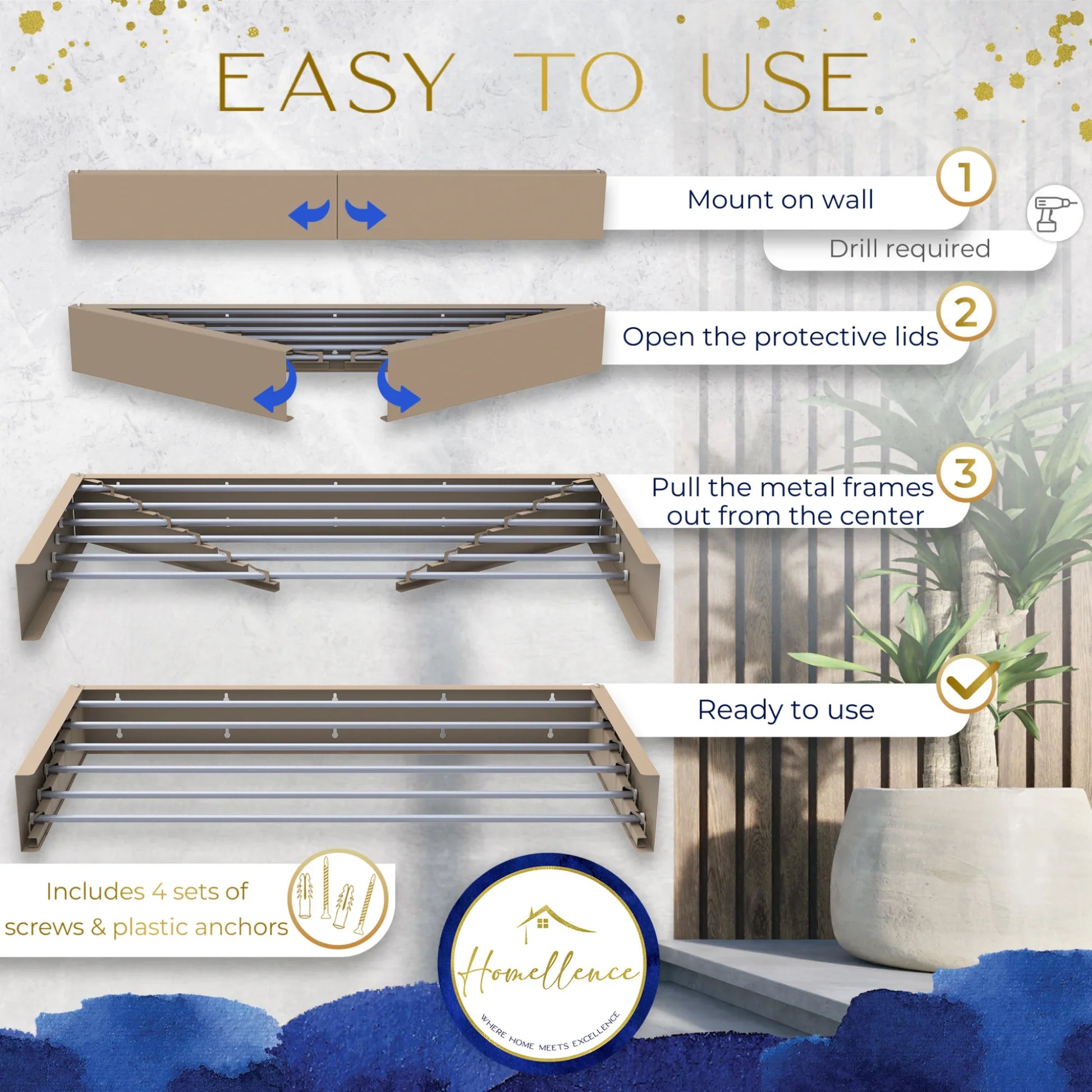 Homellence Wall-Mounted Clothes Drying Rack 100cm Cappuccino - Detailed guide for setting up our space-saving retractable airer with 6 aluminum rods and 30kg capacity.