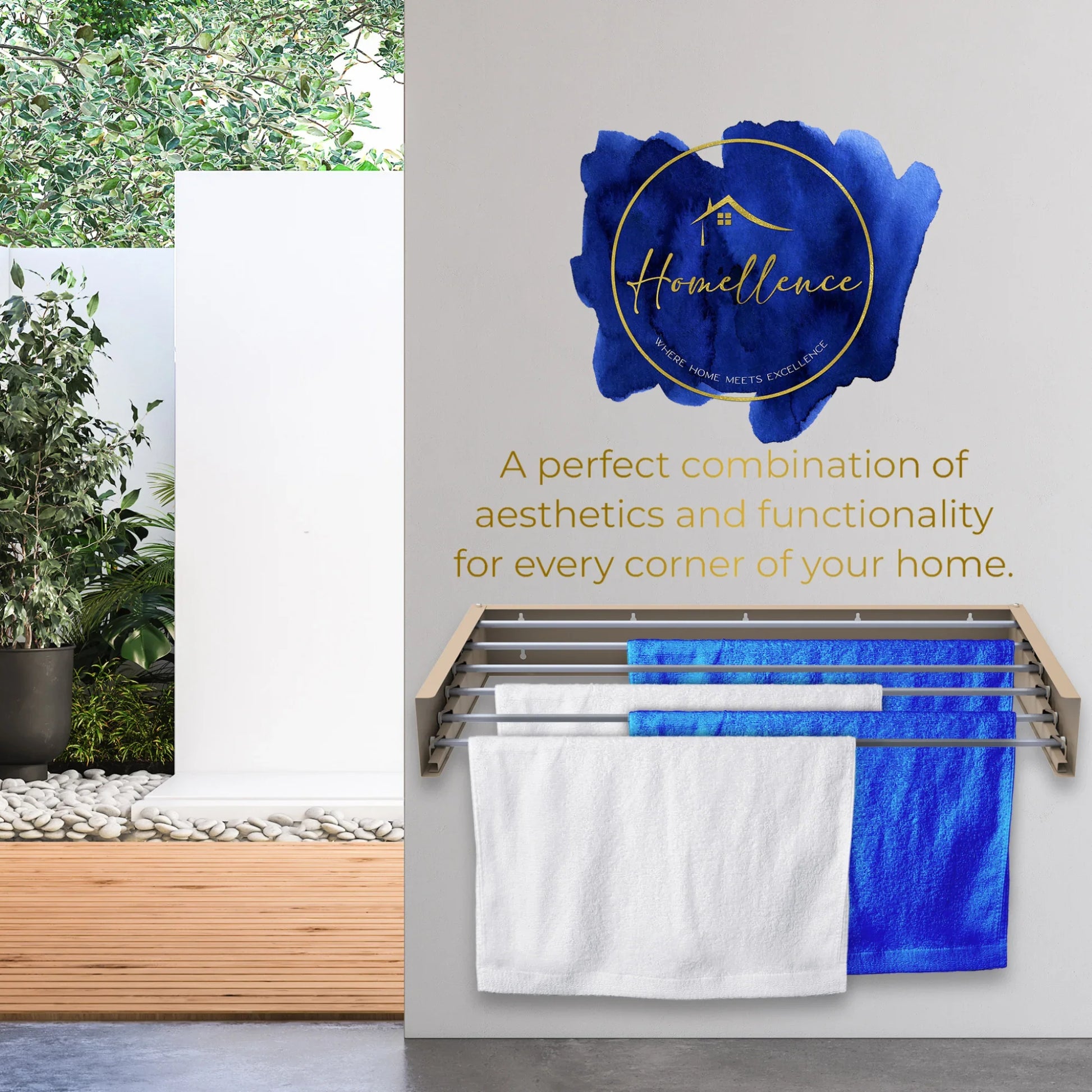 Homellence Wall-Mounted Clothes Drying Rack 100cm Cappuccino - High-capacity 6-rod retractable airer with 30kg limit and ultra-slim 2.8cm space-saving design.