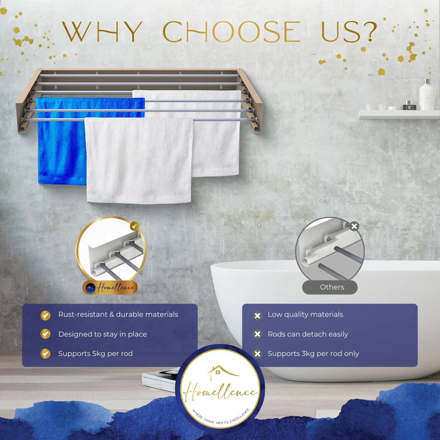 Homellence Wall-Mounted Clothes Drying Rack 100cm Cappuccino - Space-saving 6-rod retractable airer with a robust 30kg capacity and rust-resistant finish.
