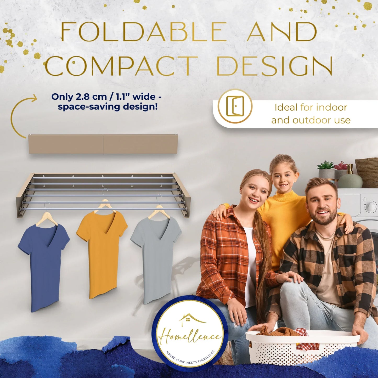 Homellence Wall-Mounted Clothes Drying Rack 100cm Cappuccino - High-capacity 6-rod retractable drying rack with 30kg limit and ultra-slim 2.8cm space-saving profile.
